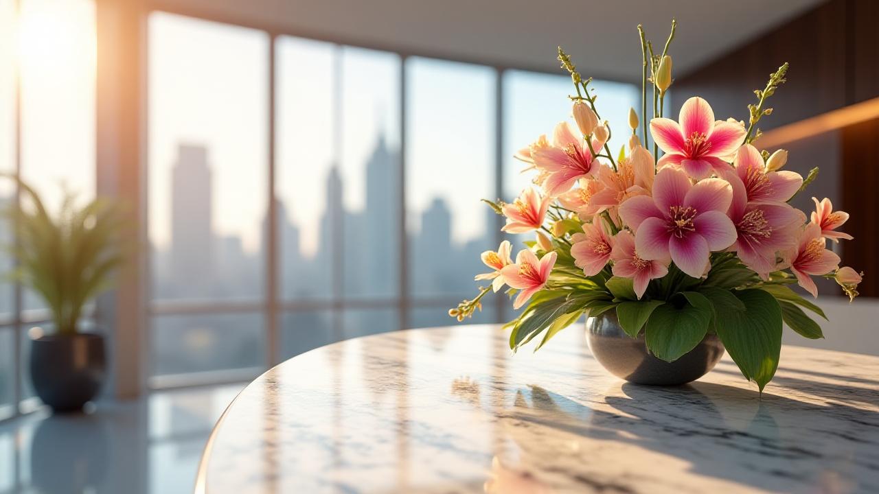 Luksusowa aranżacja kwiatowa w lobby nowoczesnego biurowca w Warszawie