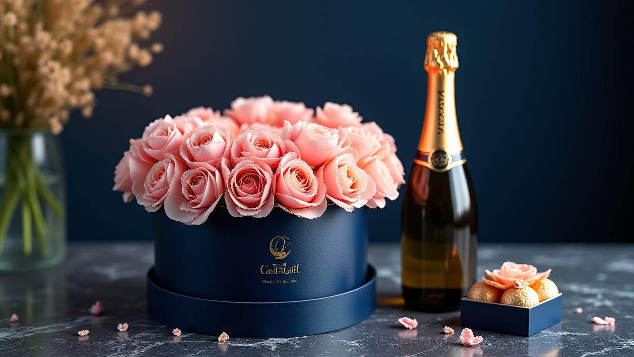 Luksusowy bukiet kwiatów premium w eleganckim pudełku z szampanem i pralinami